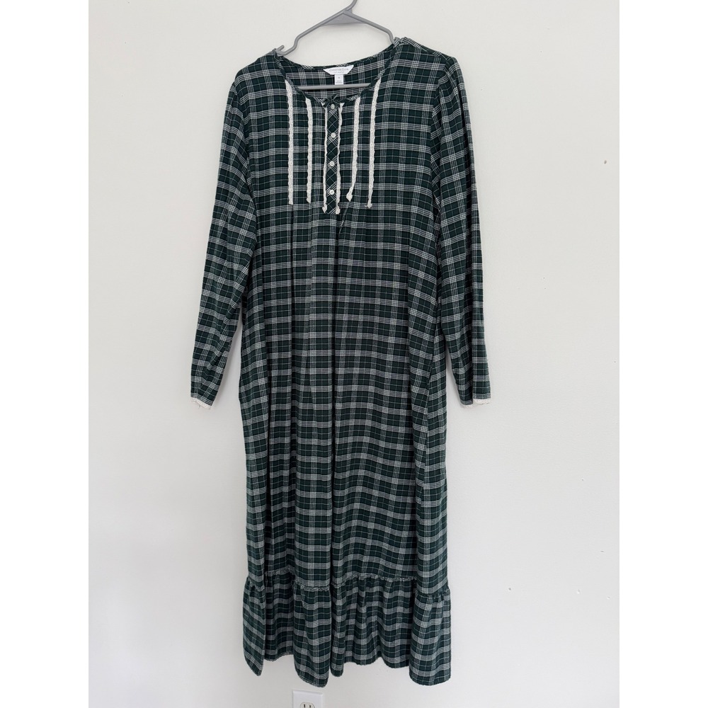 Charter Club Long Flannel Nightgown Green Plaid Cotton Medium Prairie Cottage